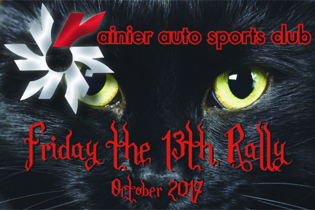 black cats face in the background with 'Friday the 13th Rally' in 'scary' font.
