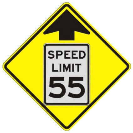 black and white SPEED LIMIT 55 sign with ahead arrow on yellow diamond sign.